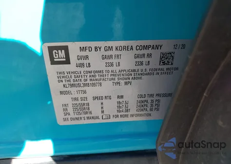 2021 Chevrolet Trailblazer Rs из США, поврежденный, VIN KL79MUSL3MB109778